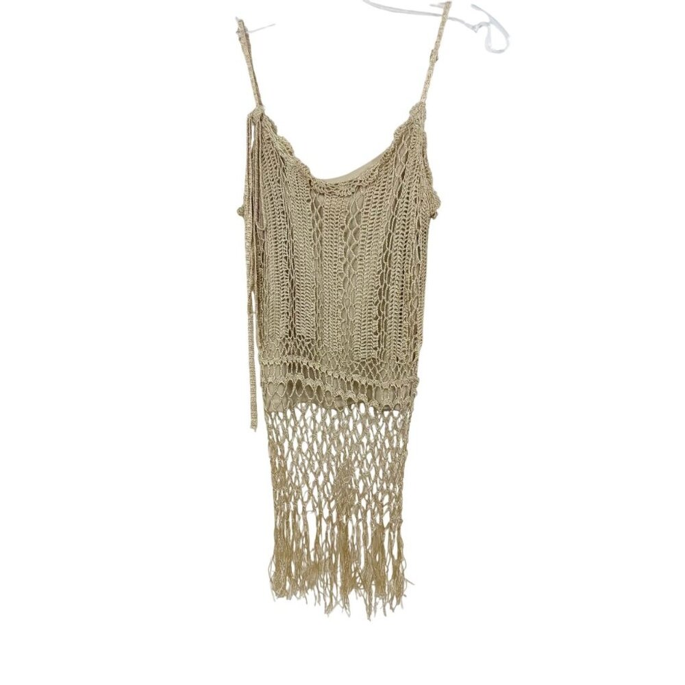 Candies Y2K Boho Crochet Fringe Tank Top in Tan Scoop Neck - Size Large‎